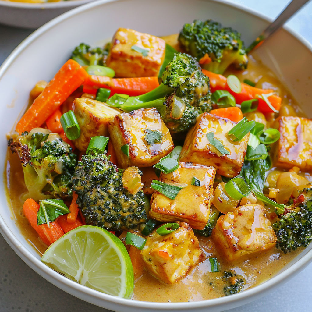 Une assiette de tofu crémeux aux légumes, incluant des carottes, des brocolis et des épinards, est servie sur une table.