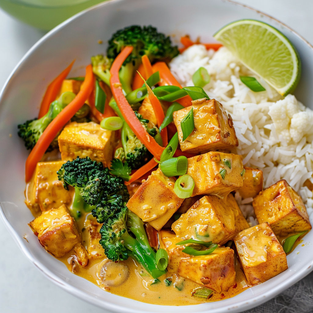 Une assiette de tofu sauté avec des légumes exotiques et des épices, accompagnée de riz.