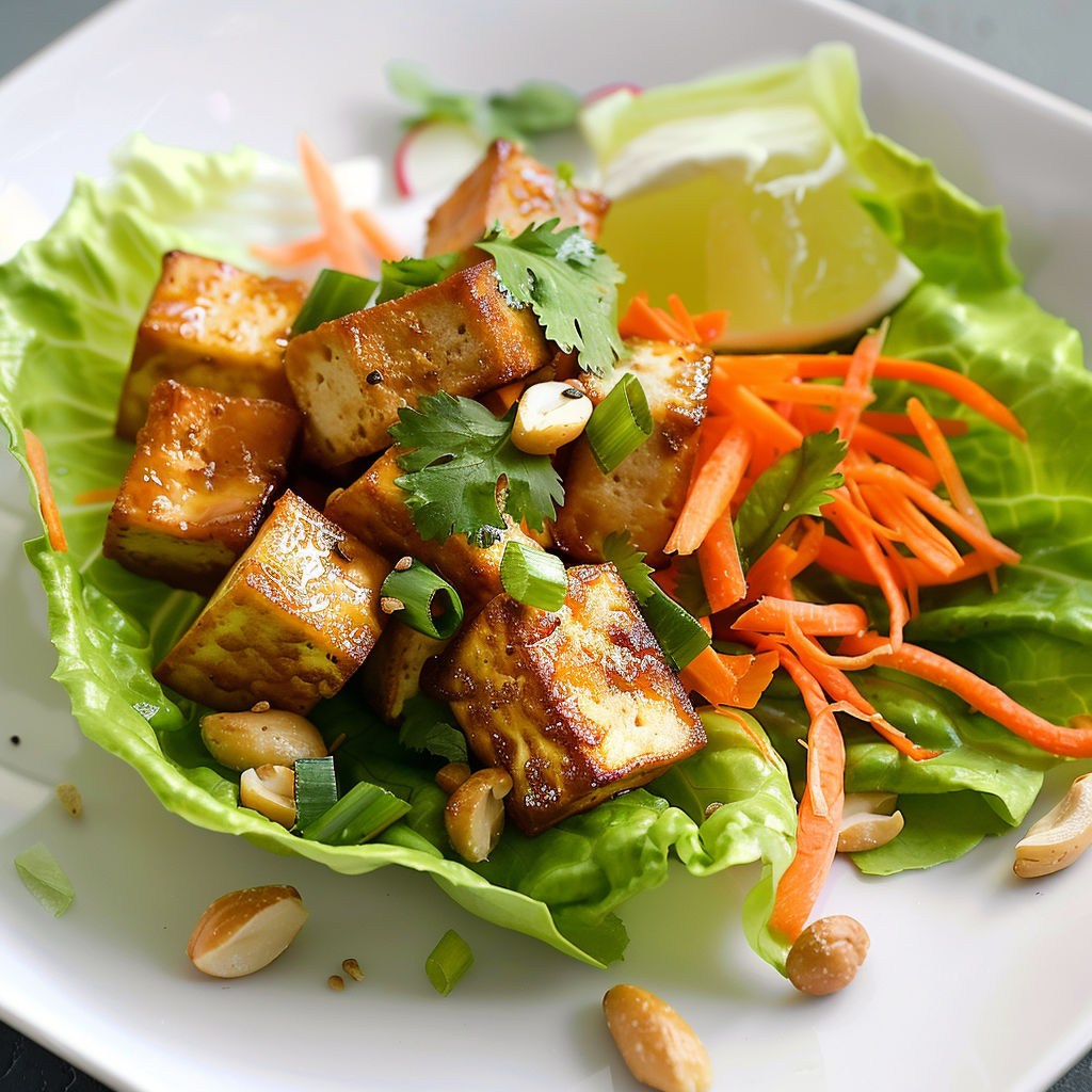 Une salade de légumes et de tofu cuit, avec des carottes, des cumin, des noix et des limes.
