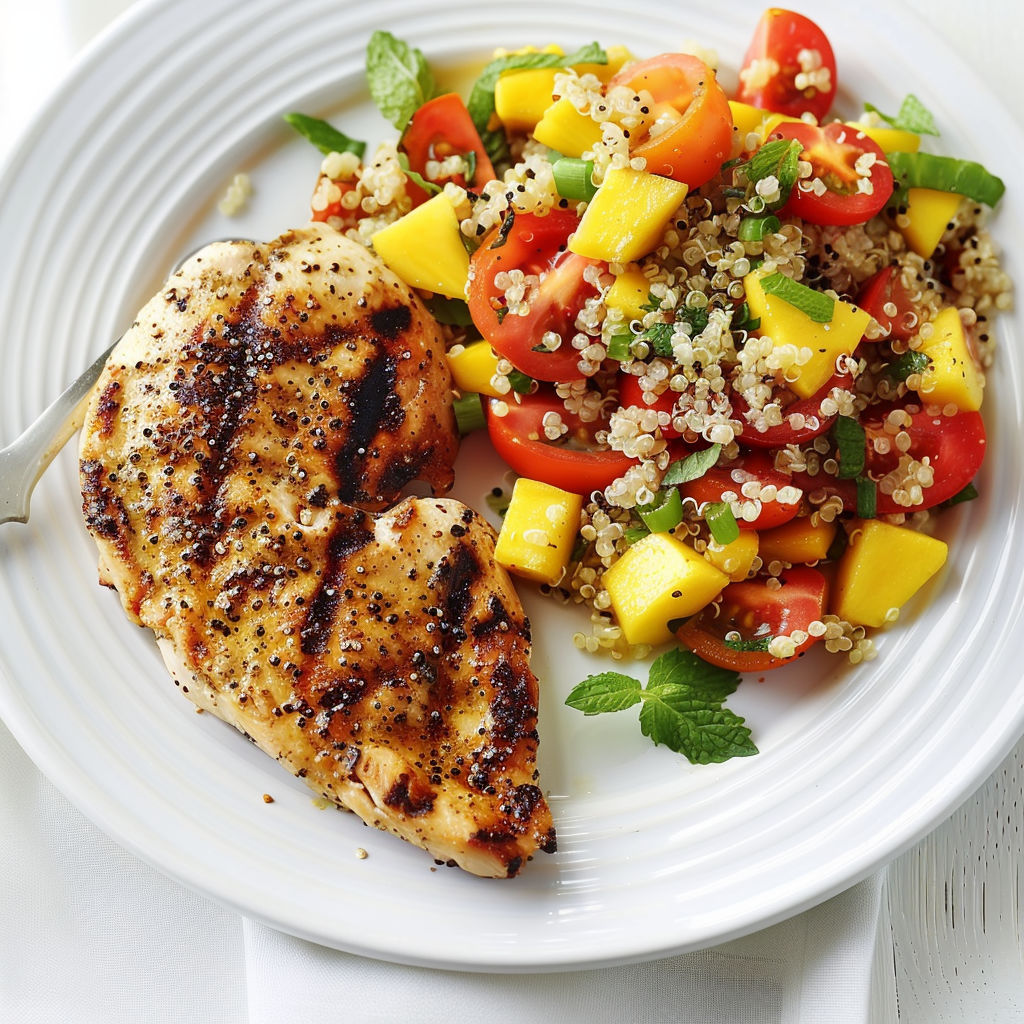 Une salade estivale au quinoa et poulet grillé est servie sur un plateau.
