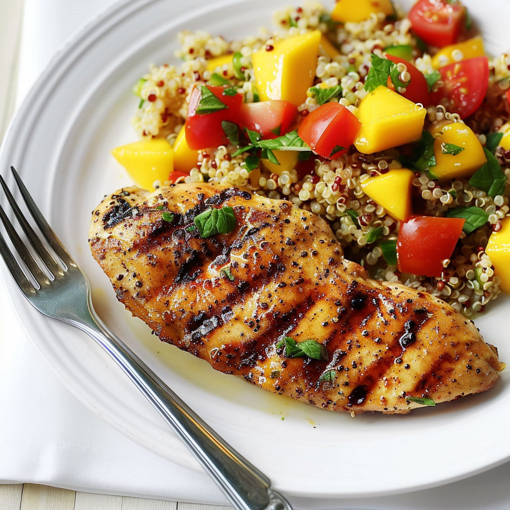 Un poulet grillé avec une salade de mangue et de tomates.
