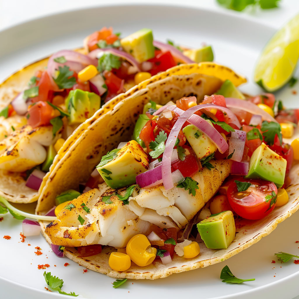Tacos de camarones con aguacate y tomate.