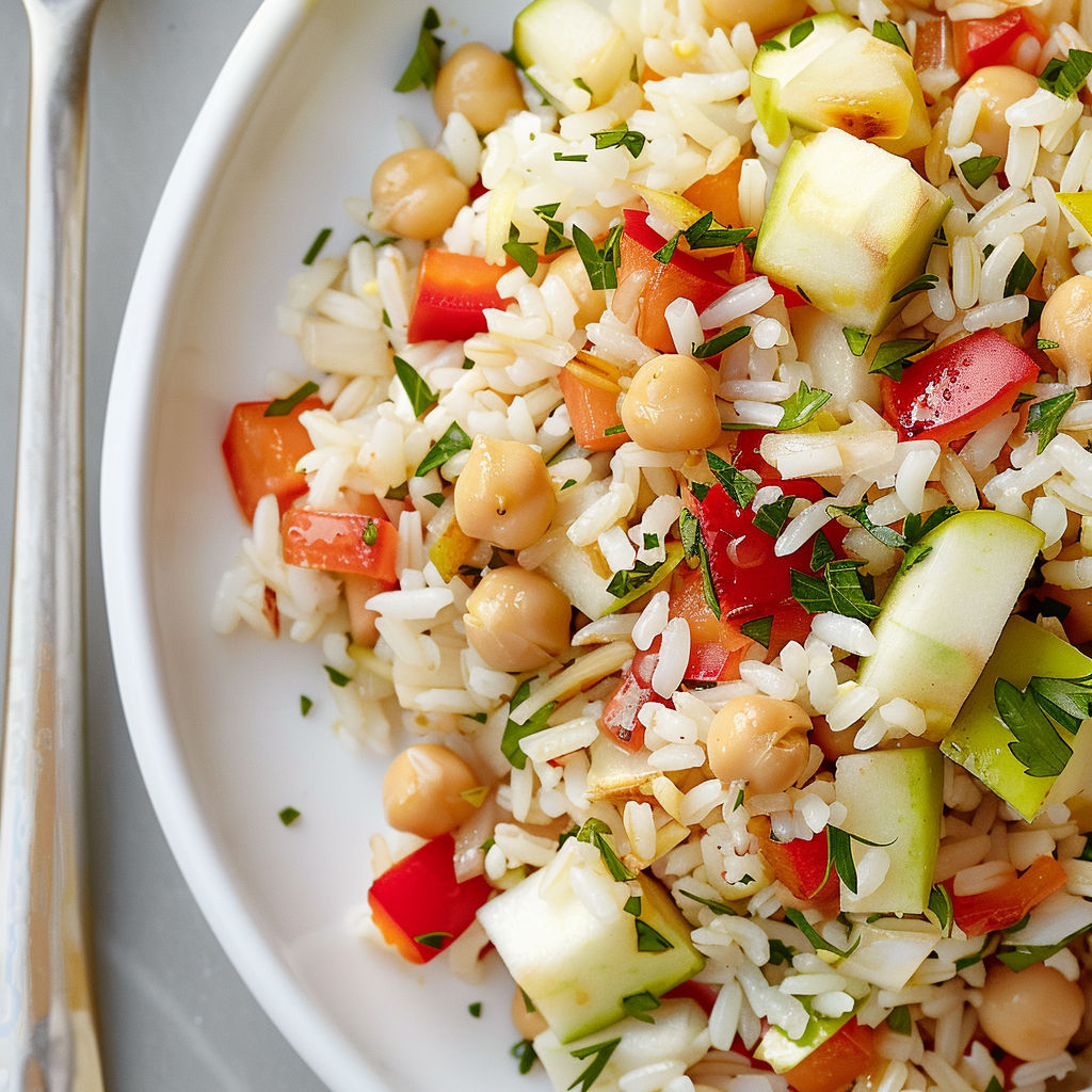 Une salade de riz et de légumes colorés, avec des tomates, des poivrons, des cucumbers et des haricots verts, est servie dans un bol blanc.