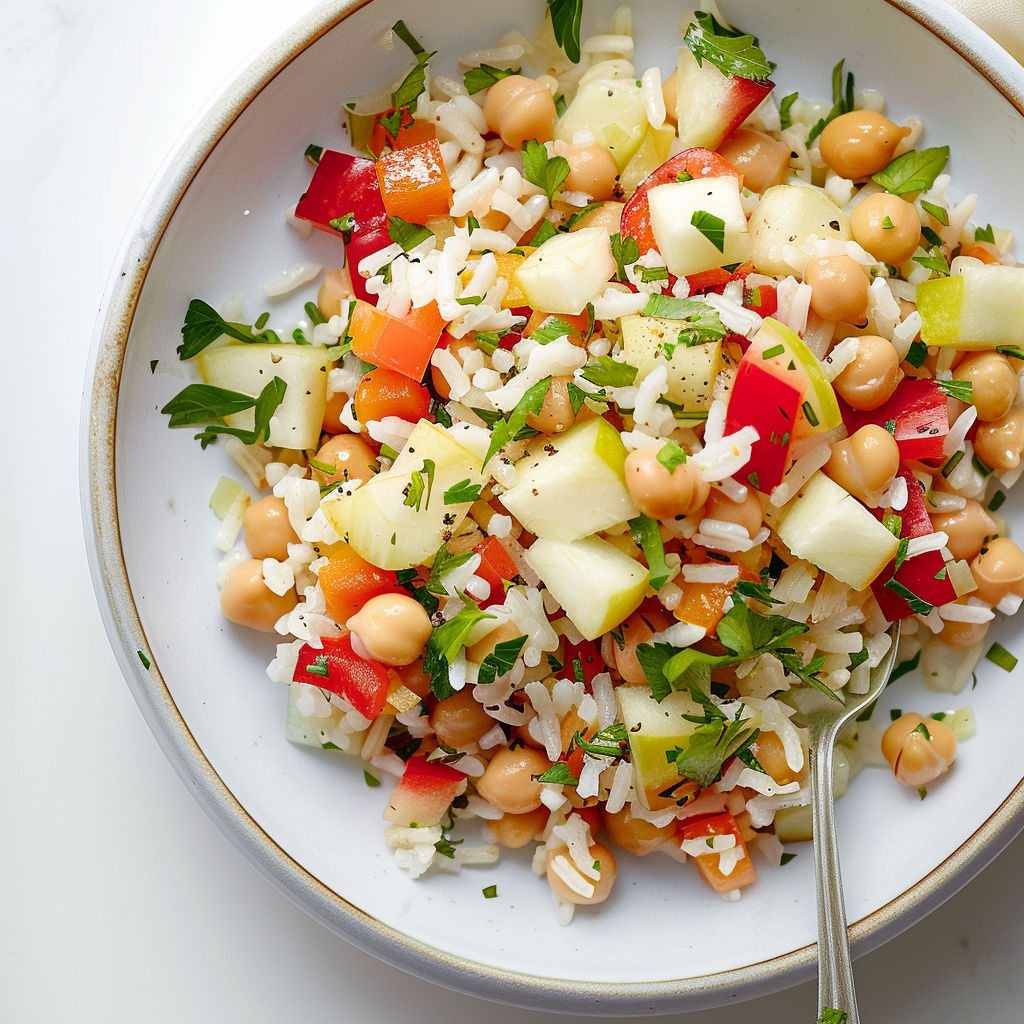 Une salade de riz et de légumes colorés, avec des tomates, des poivrons et des carottes, est servie dans un bol blanc.