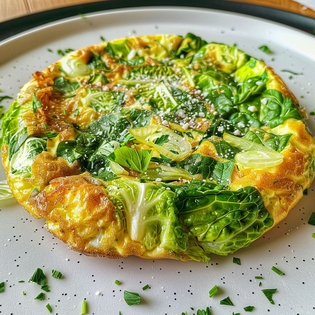 Une frittata à la laitue est servie sur un plateau.