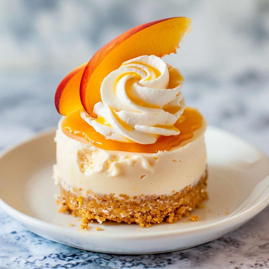 Un délicieux dessert à la pêche sans cuisson, présenté sur un plateau en verre.