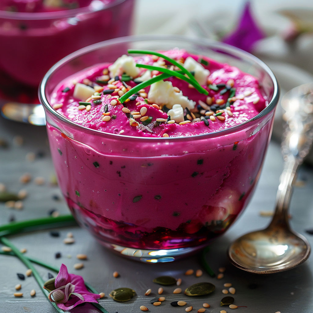 Un verrine de mousse de betterave et feta, avec des herbes vertes et des graines de lin, est présenté sur une table.
