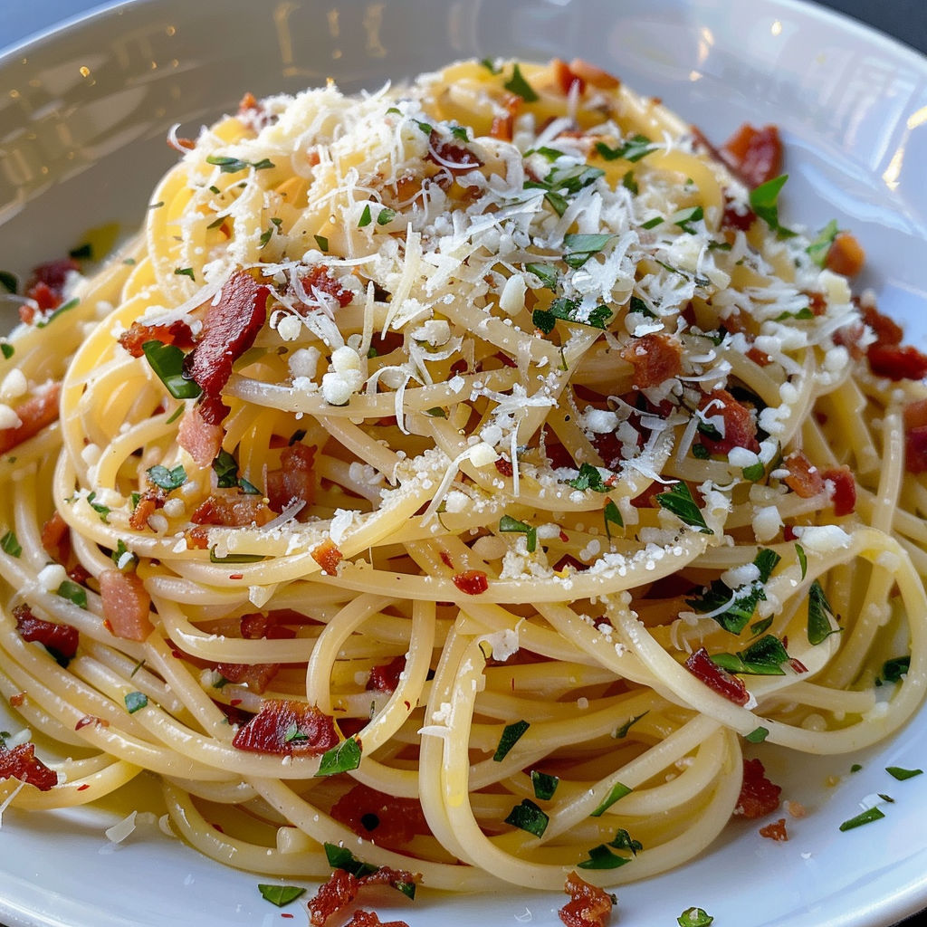 Une pile de spaghettis au bacon, au piment et au pecorino, servie sur un plateau.