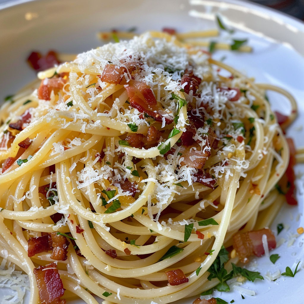 Une pile de spaghetti avec des bacon et des herbes.