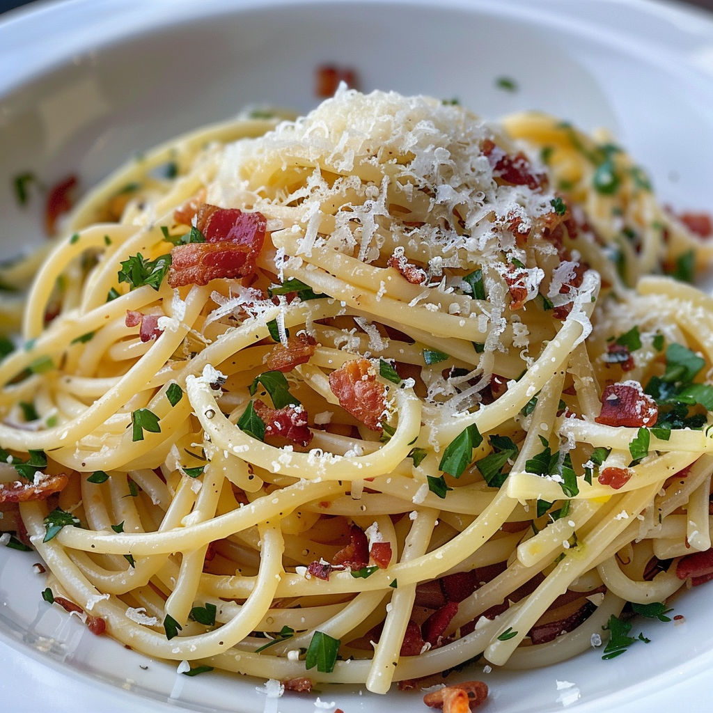 Une pile de spaghetti avec des herbes et des bacon, accompagnée d'une sauce tomate.