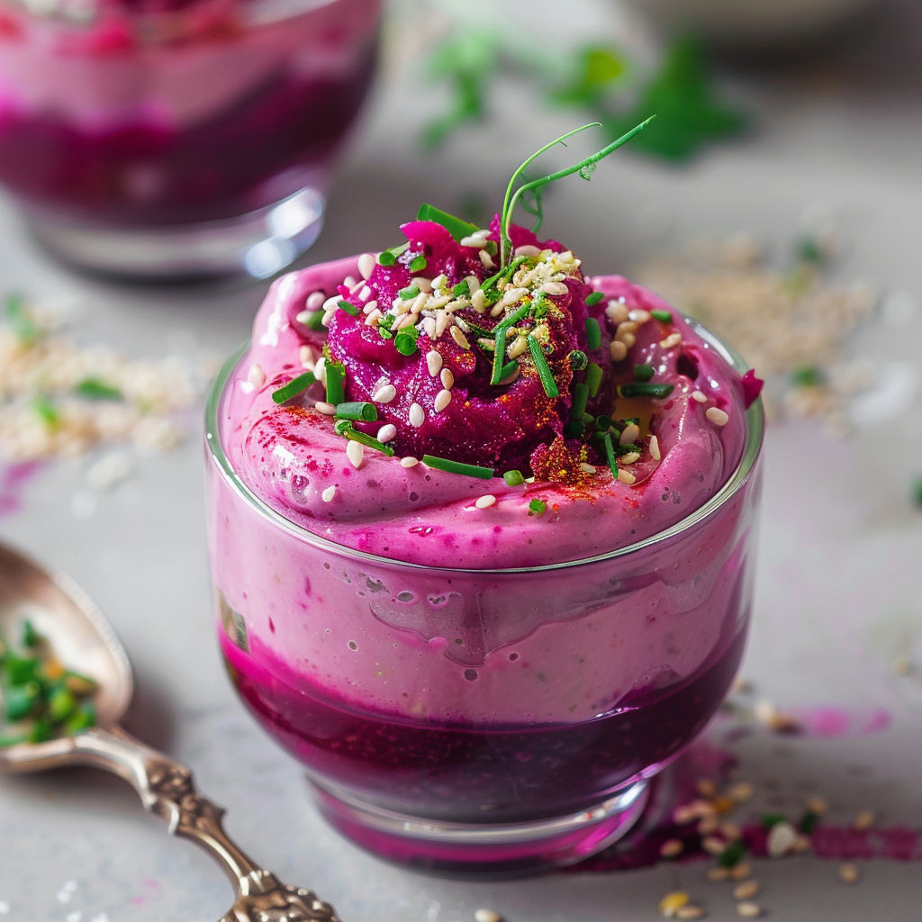 Une verrine de mousse onctueuse de betterave et feta, garnie de herbes et de graines de lin.
