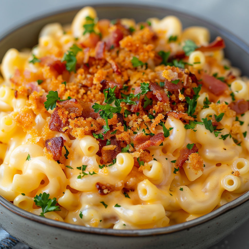 Une assiette de macaronis crémeux au cheddar et crumble de bacon croustillant.