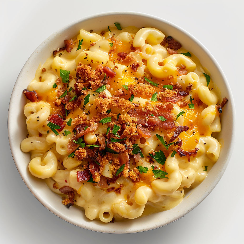 Un plat de macaroni au fromage fort, bacon et croûtons.