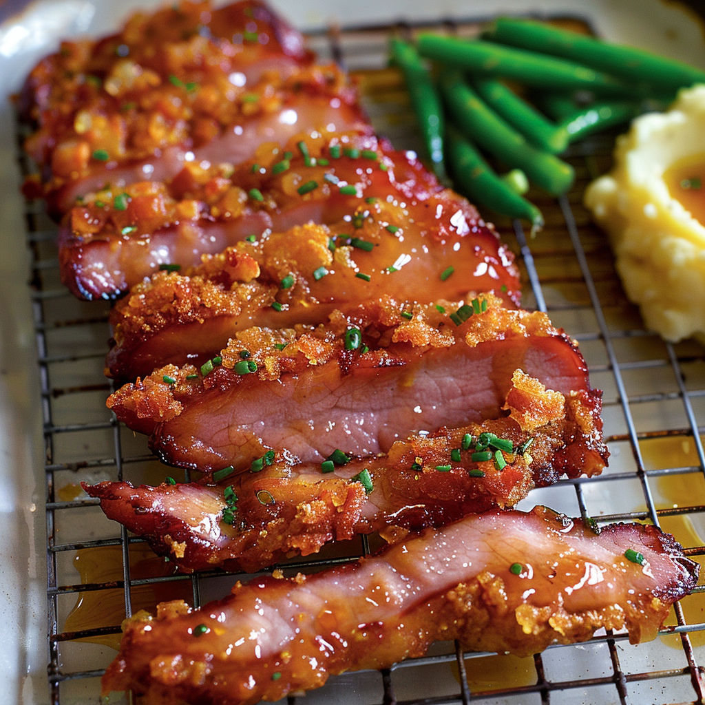 Filets de porc en chapelure de bacon, grillés et saupoudrés de herbes, servis avec des haricots verts et des pommes de terre.