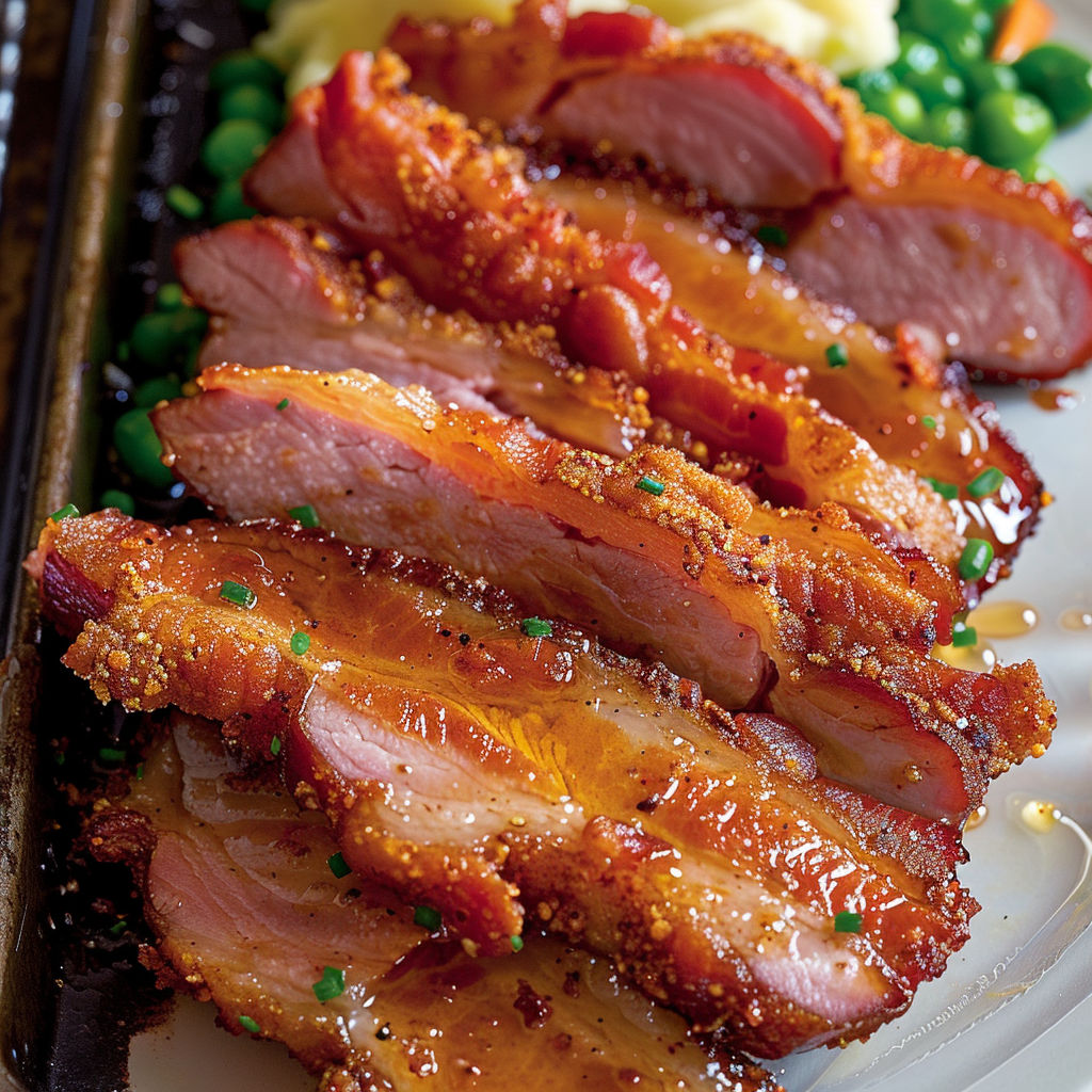 Une portion de porc en chapelure parfumée au bacon, miel et ciboulette, servie sur un plateau.
