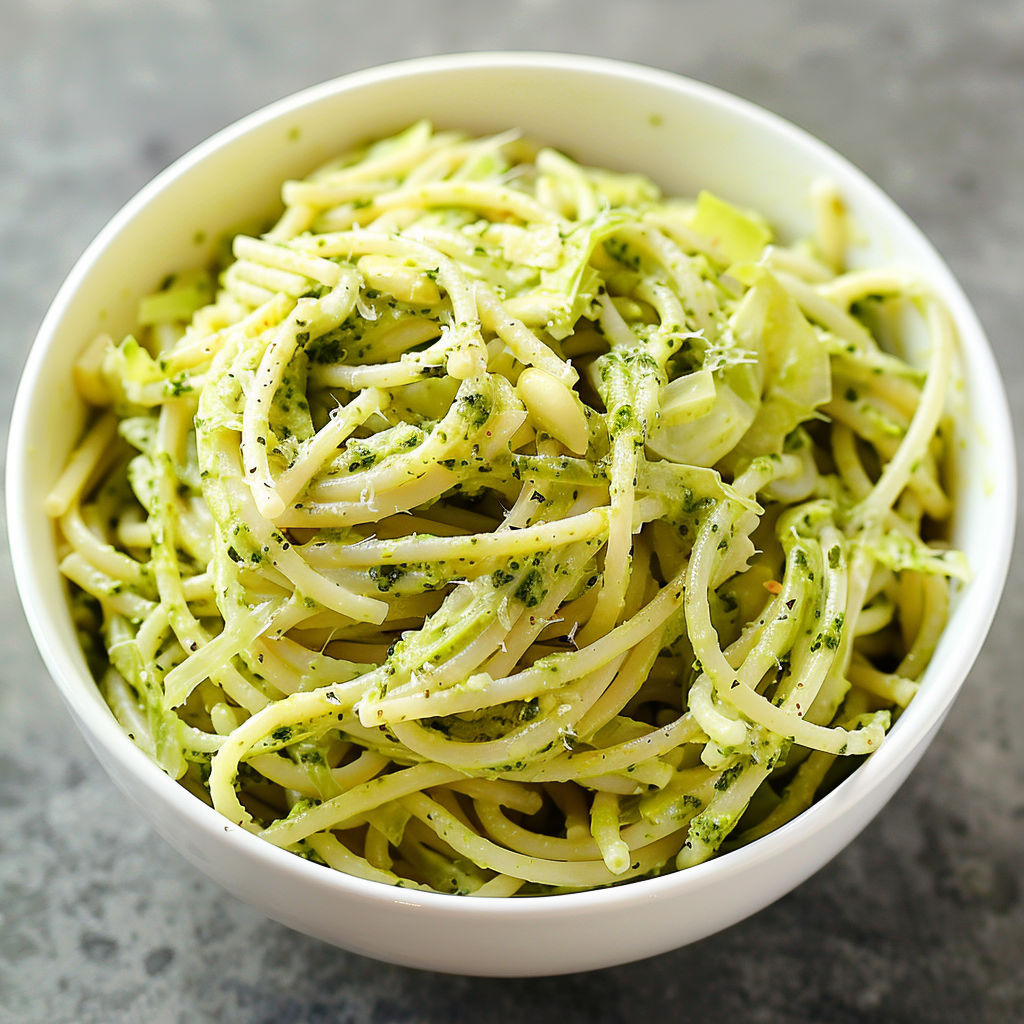 Une salade de spaghettis au chou dans un bol.