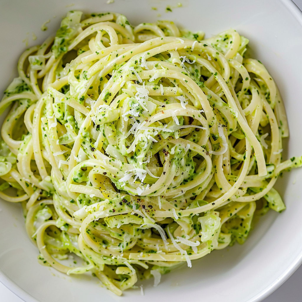 Une assiette de spaghettis croquants au chou vert et sauce mayonnaise-pesto.