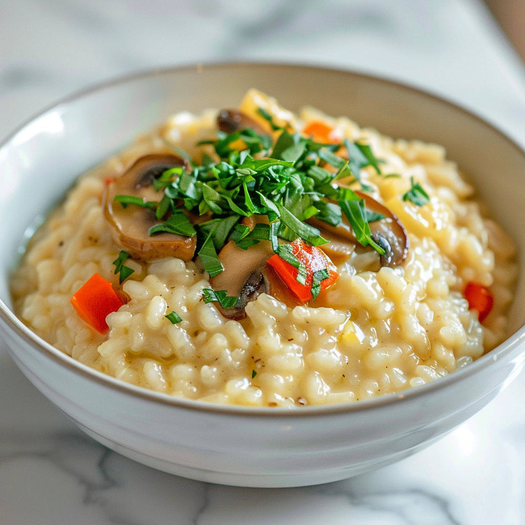 Une soupe de riz avec des champignons et des épinards.