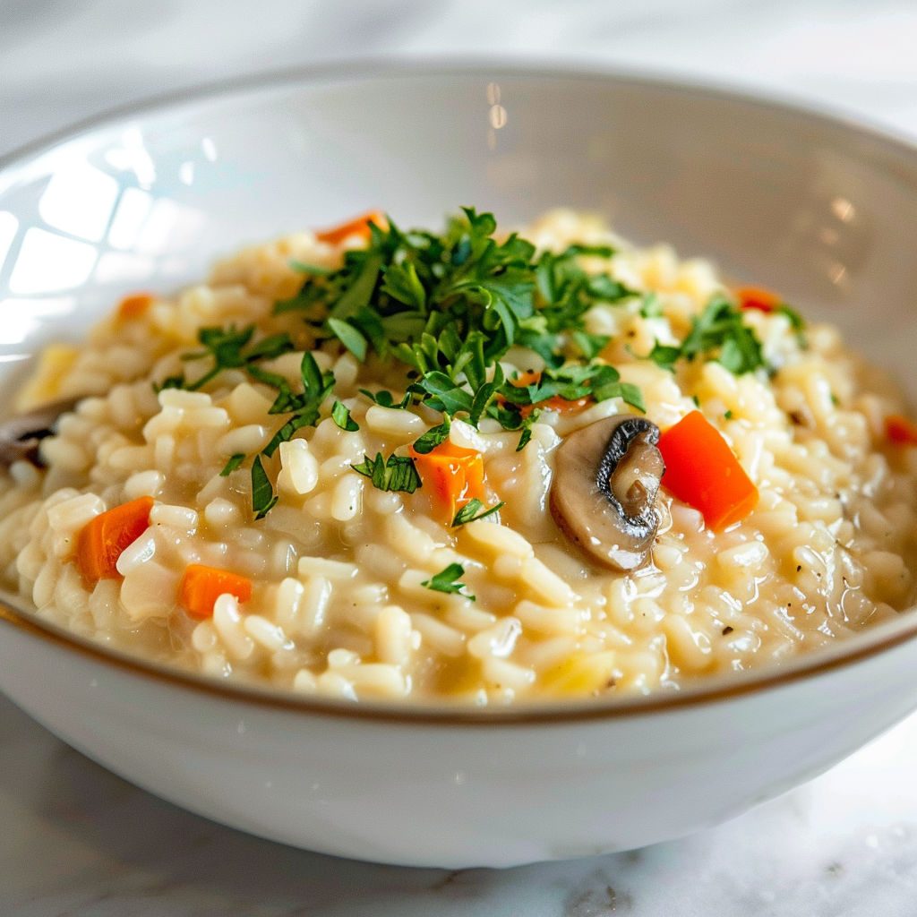 Une soupe de riz avec des légumes et des champignons.