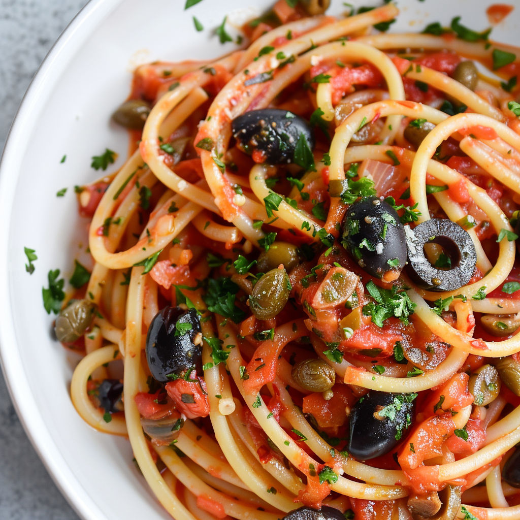 Une recette de spaghetti à la sauce tomate avec des olives et des herbes.