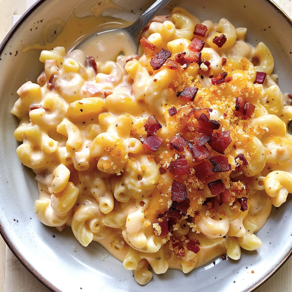 Une recette de macaroni et bacon avec une cuillère pour la sauce.