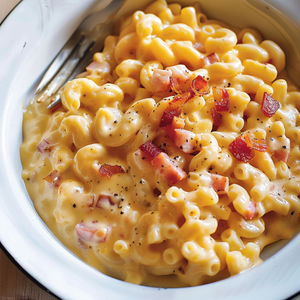 Une casserole de macaroni et bacon avec des herbes et des épices.