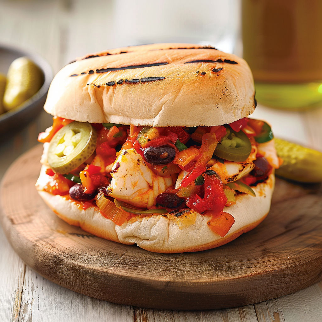 Un sandwich de poisson avec des légumes grillés et une sauce tomate.