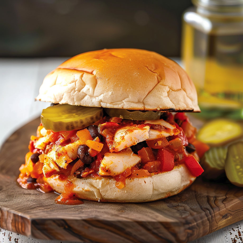 Un sandwich gourmand au poisson et haricots épicés, accompagné d'une bouteille d'huile.