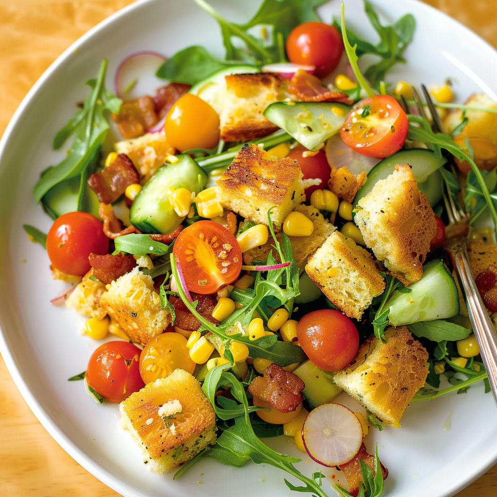 Une salade de tomates, cucumbers, bacon, et de la moutarde, avec des tranches de pain grillé.