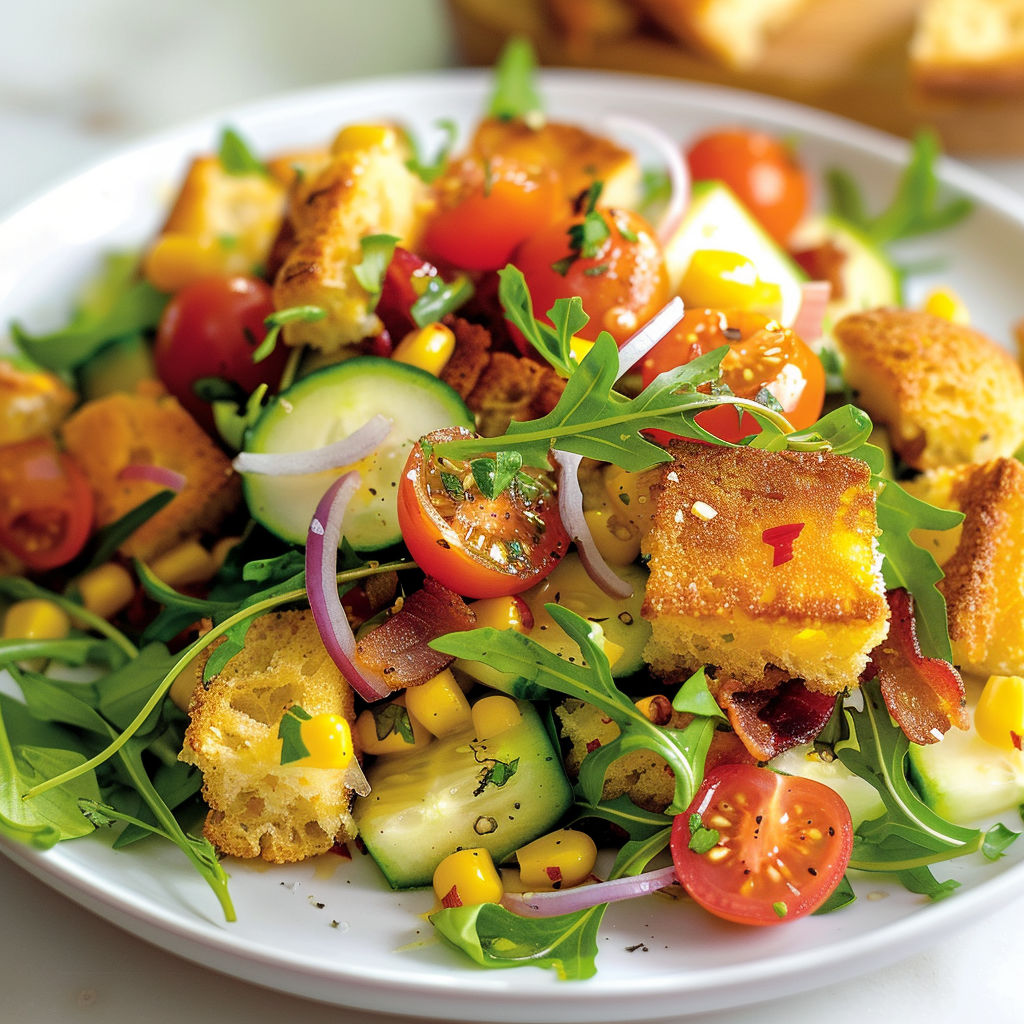 Une salade de légumes et de pain grillé, avec des tomates, des cucumbers, des oignons, des aubergines, des courgettes, des poivrons, des pommes de terre et des herbes.