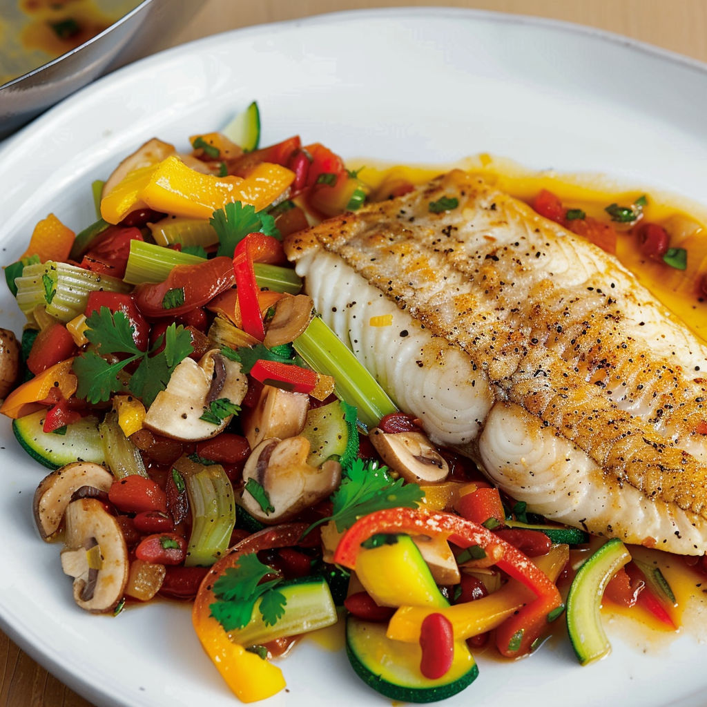 Une poisson grillé avec une sauce au citron et des légumes verts, tels que des carottes et des poivrons, sur un plateau.