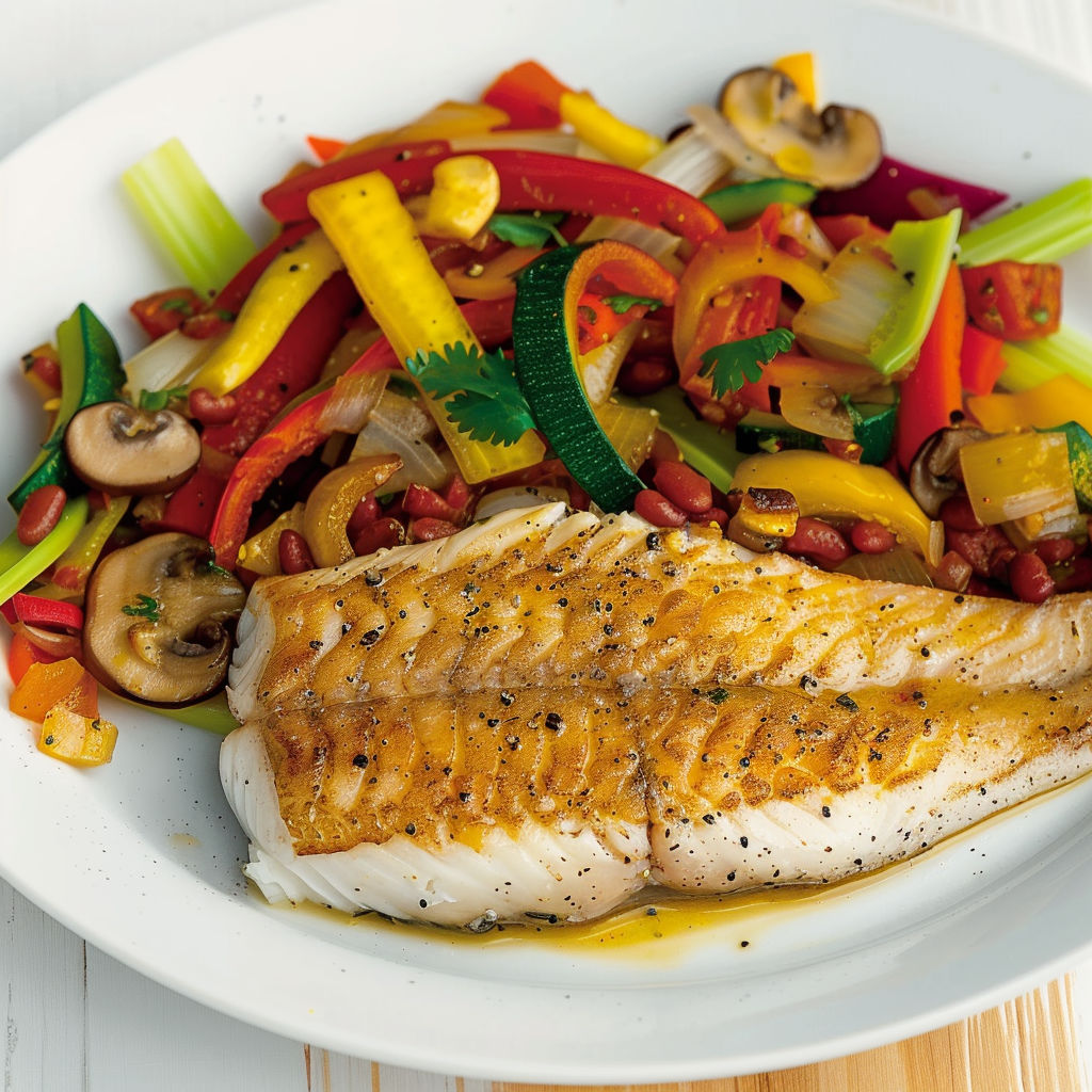 Une poisson grillé avec une salade de légumes et des mushrooms.