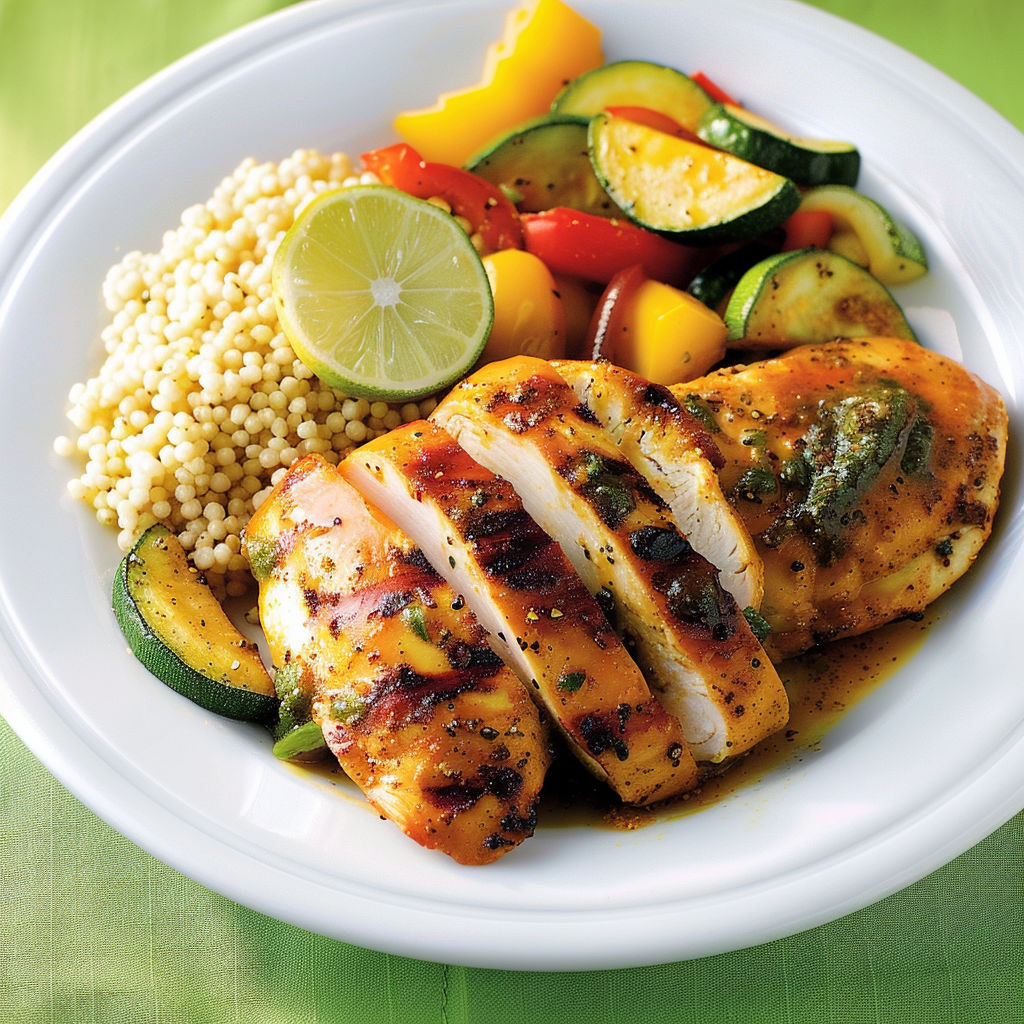 Une assiette de poulet grillé avec des légumes verts et des herbes.