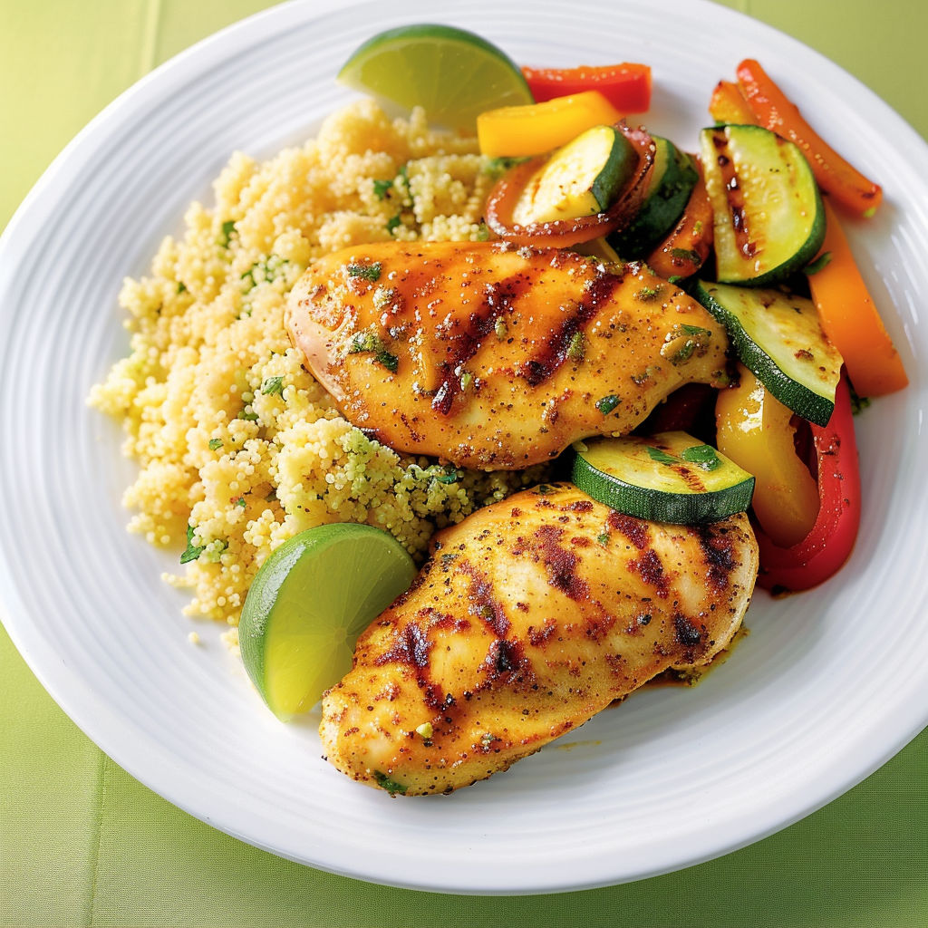 Une assiette de poulet grillé avec des légumes verts et des tomates.