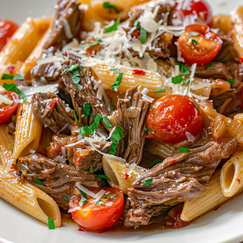 Penne à la viande avec tomates cerises et herbes" - une recette savoureuse et délicieuse.