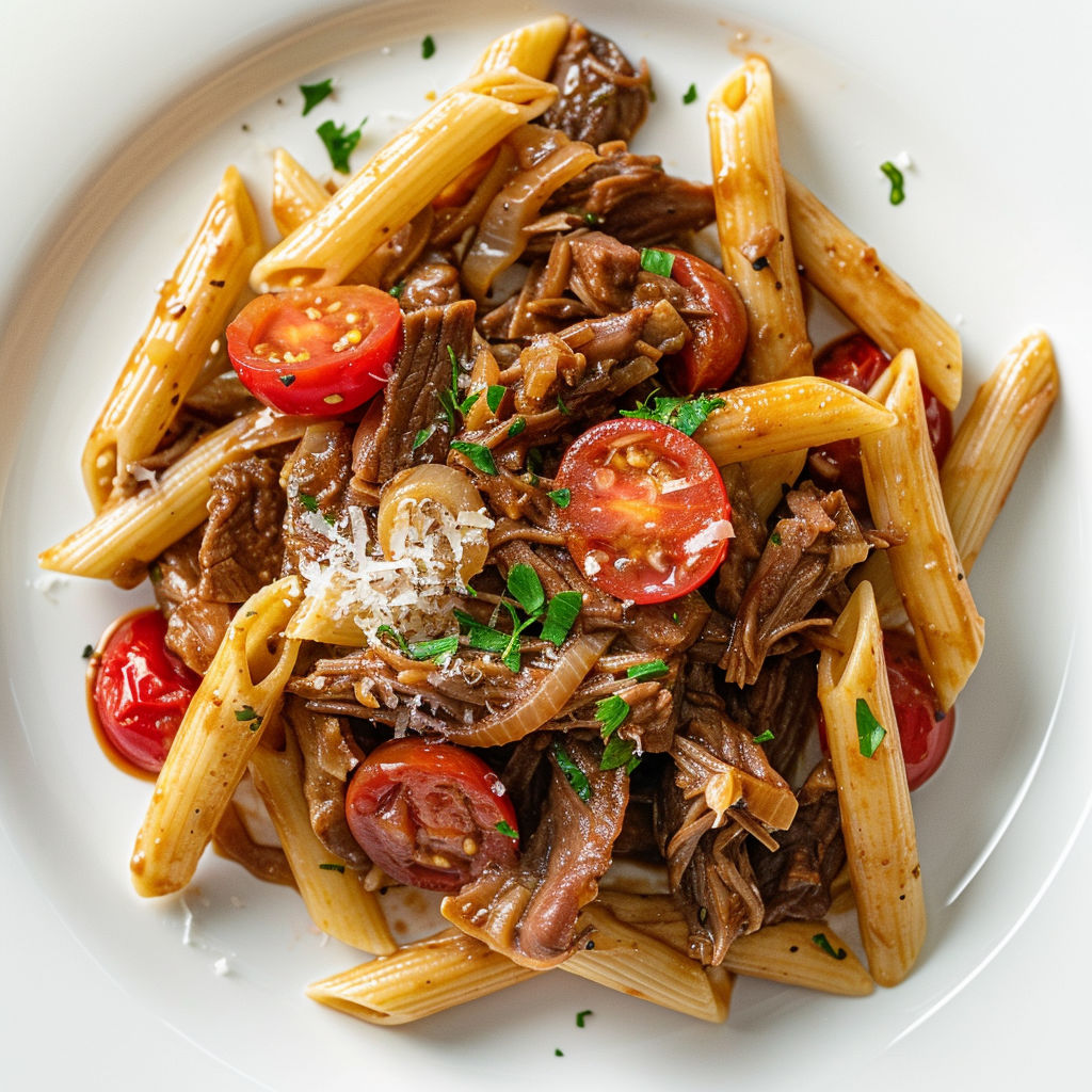 Une plate de penne avec des tomates et des viandes, accompagnée d'une sauce au parmesan.