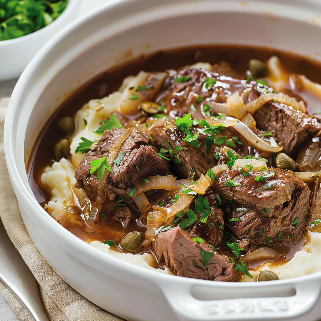 Un plat de boeuf braisé aux oignons à la provençale, avec des pommes de terre et des herbes.
