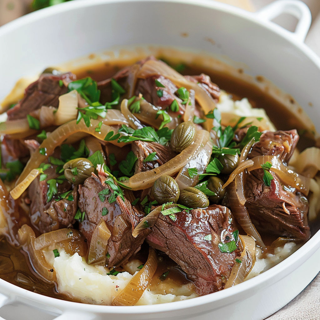 Une recette de steak avec des pommes de terre et des oignons.