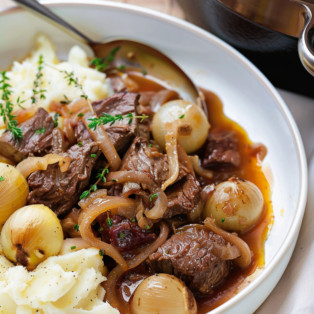 Une recette de steak et pommes de terre est servie dans un bol.