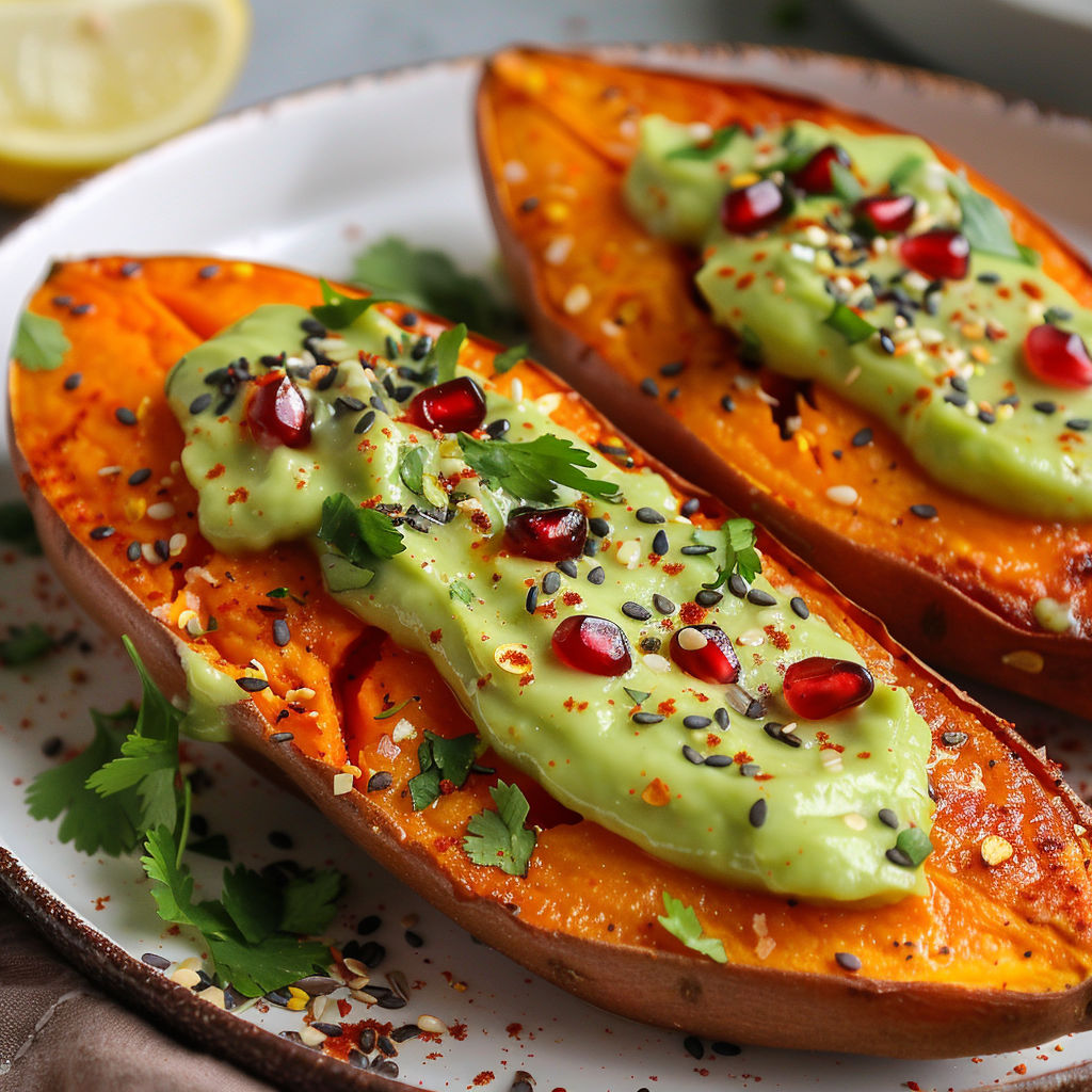 Une recette de pâte de pomme avec une sauce verte et des graines de sésame.