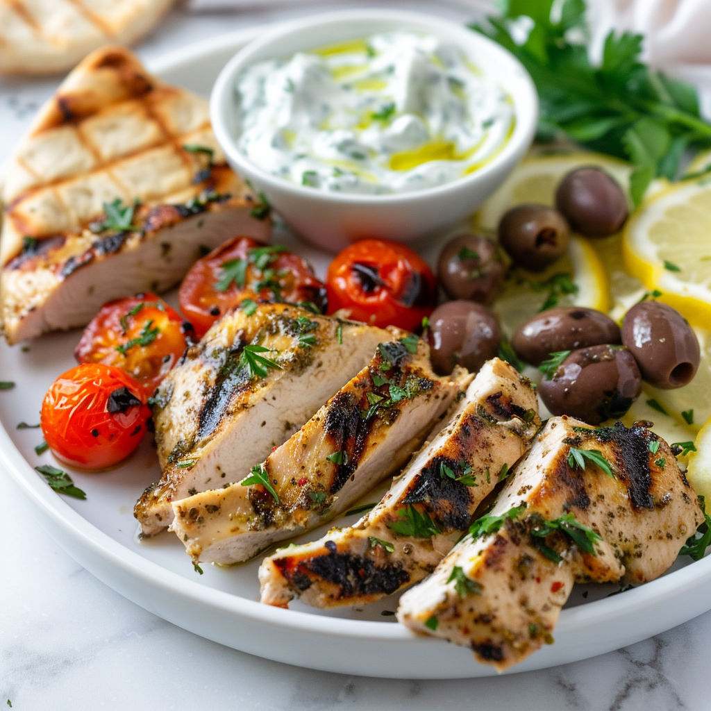 Une assiette de poulet grillé avec des légumes et une sauce grecque.