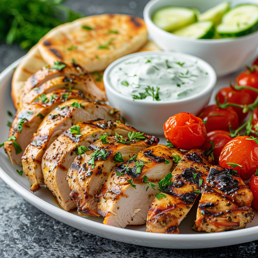 Une plaque de poulet grillé avec des légumes et sauce yaourt.