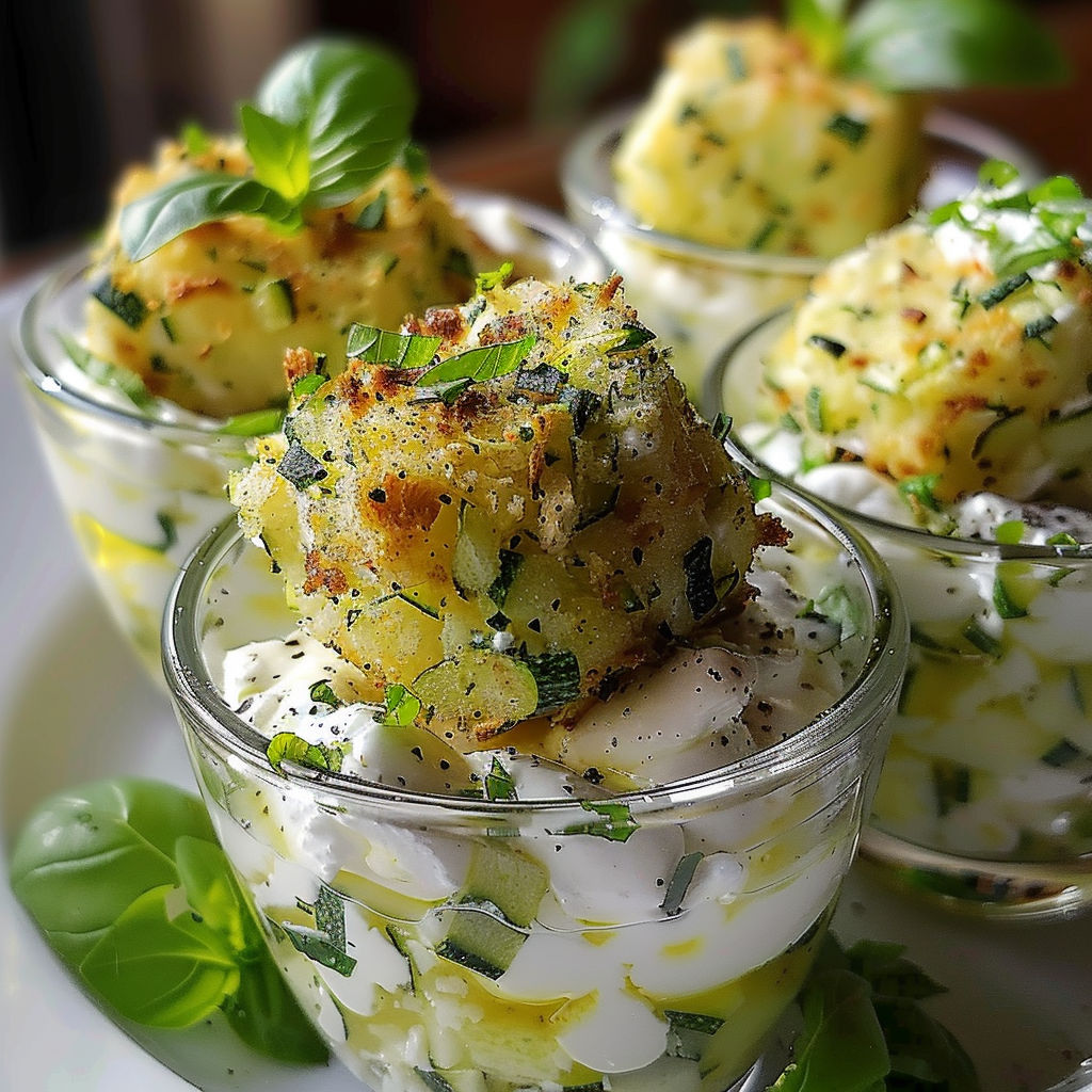 Une recette de salade de cucumber et de pommes de terre, servie dans des verres.