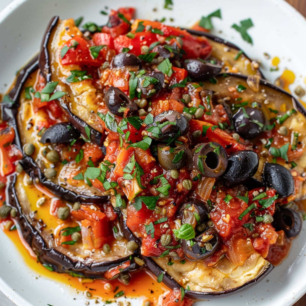 Une assiette de légumes cuits, y compris des aubergines, des tomates, des olives et des herbes, sert de plat principal pour une recette de cuisine française appelée les Aubergines à la Sarde.
