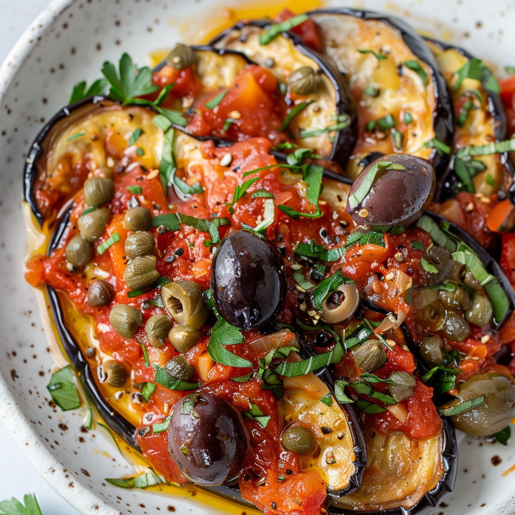 Une assiette de légumes méditerranéens, y compris des aubergines, des olives et des tomates, est servie dans un bol.