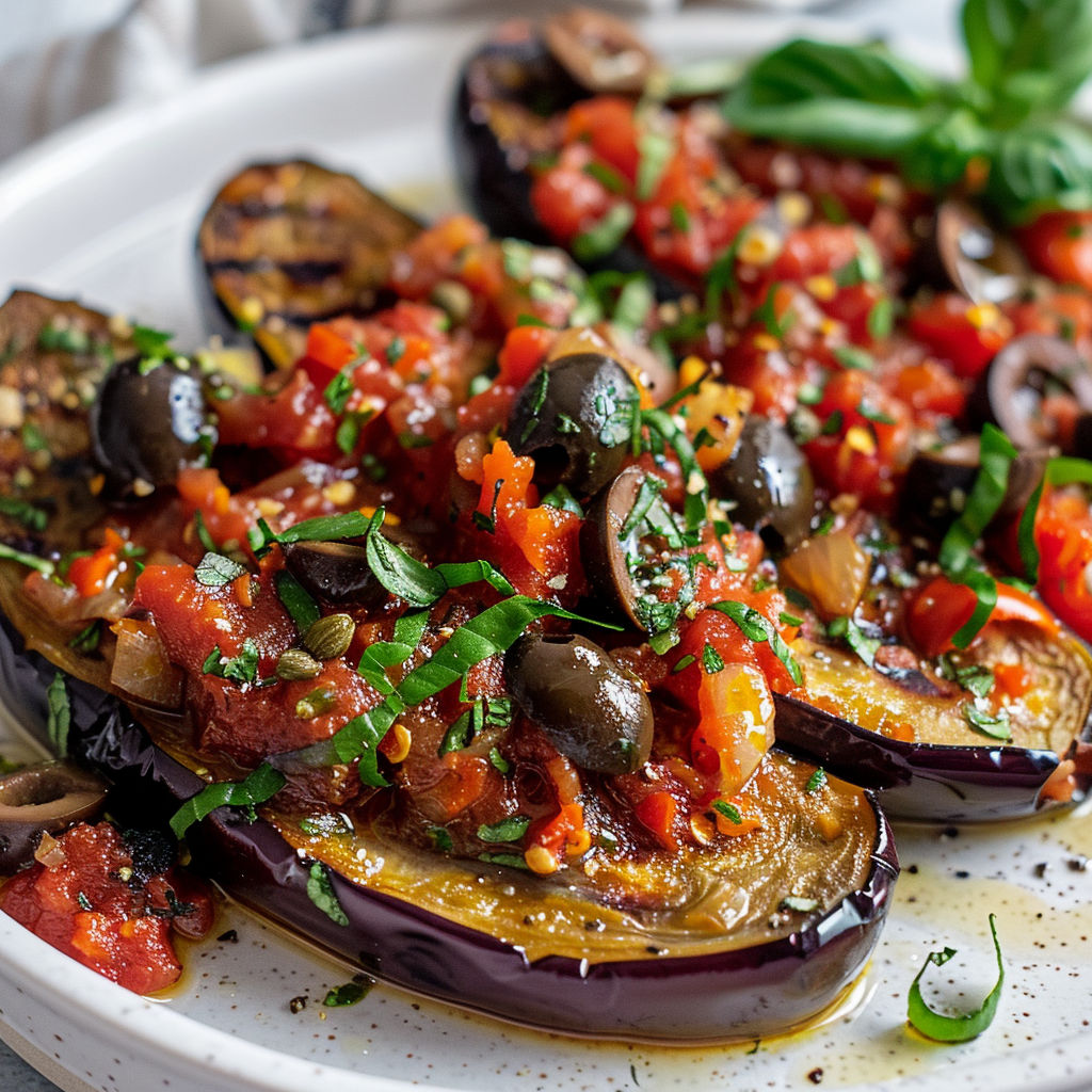 Une assiette de légumes grillés, y compris des aubergines, des olives et des câpres, est servie sur une table.