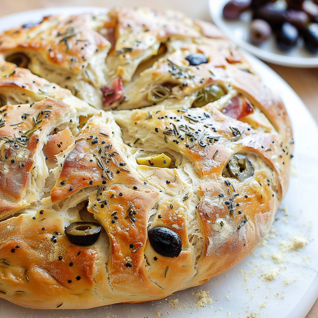 Une pâte de fougasse aux olives et au lard, prête à être cuite.