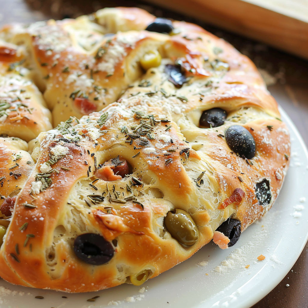 Une pâte à pizza maison, garnie d'olives et d'épinards, est servie sur un plateau.