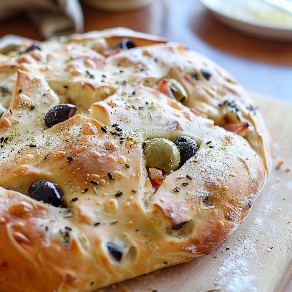 Une pâte à pizza maison, avec des olives et des herbes, est servie sur une planche de bois.