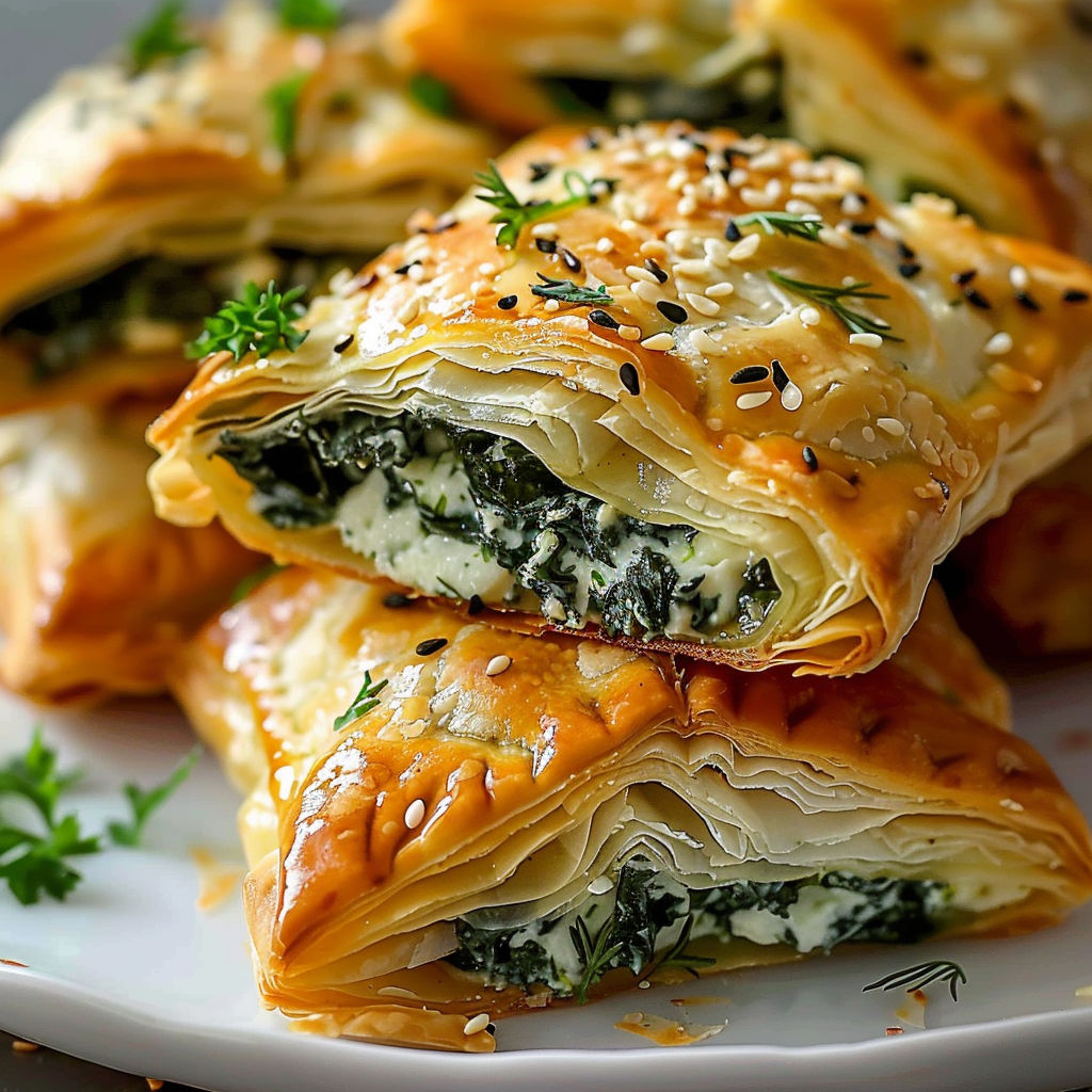 Chaussons feuilletés Épinards Feta, une recette savoureuse et délicieuse, est servie sur un plateau en porcelaine.